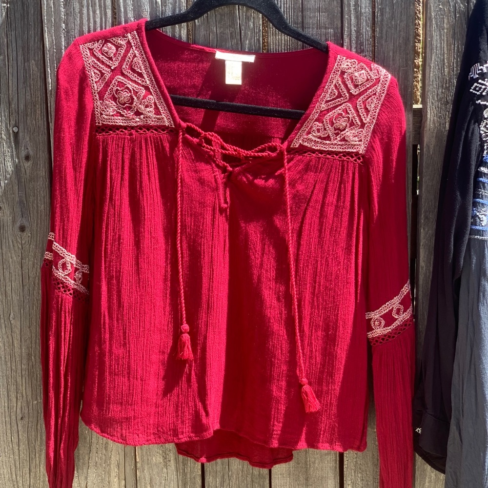 Forever 21 Red Peasant blouse with Gold embroidery trim. S